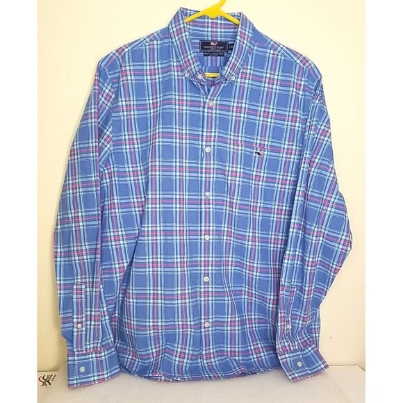 Vineyard Vines Slim Fit Tucker Shirt Button Plaid 100% Cotton Blue XL   B2 - Picture 1 of 5